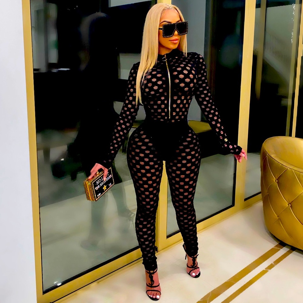 Mesh zip front jumpsuit